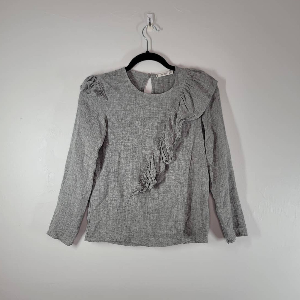 Mango Womens Casual Ruffle Front Keyhole Back Long Sleeve Top Blouse Gray Size 2